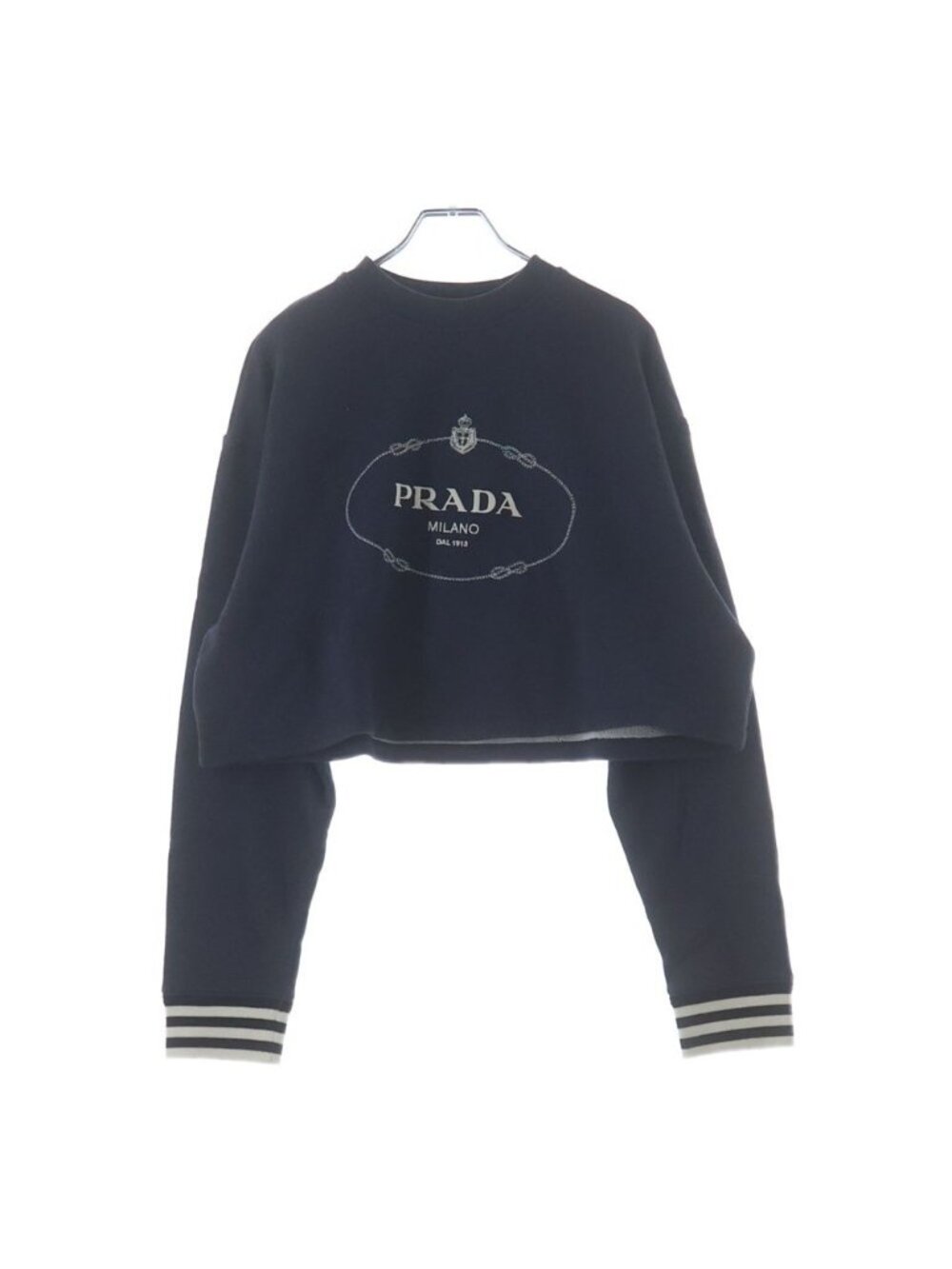 Prada Logo Embroidery Striped Rib Cropped Sweatshirt Navy